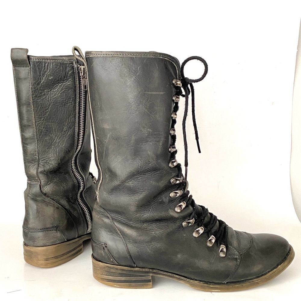 BED STU Dark Gray Combat Tall Boots Sz 8 Distressed Lace Up Zip Boho Urban Punk